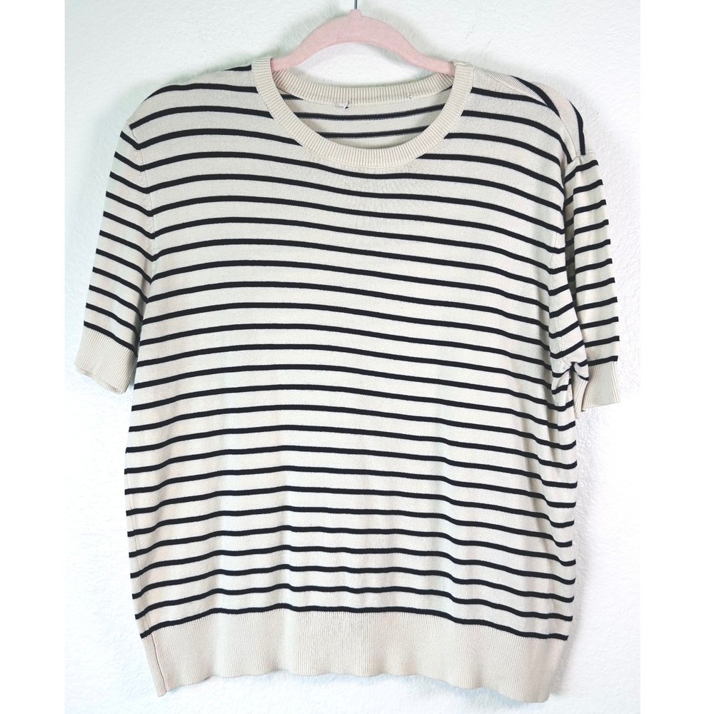 Zara Minimalist Preppy XL Striped Short Sleeve Chic Knit Sweater Cream Black